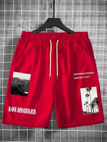 men picture & letter graphic drawstring waist shorts 94zj#, White;black