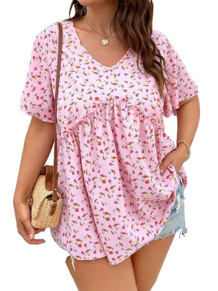 plus ditsy floral frilled blouse q9xa#, Black