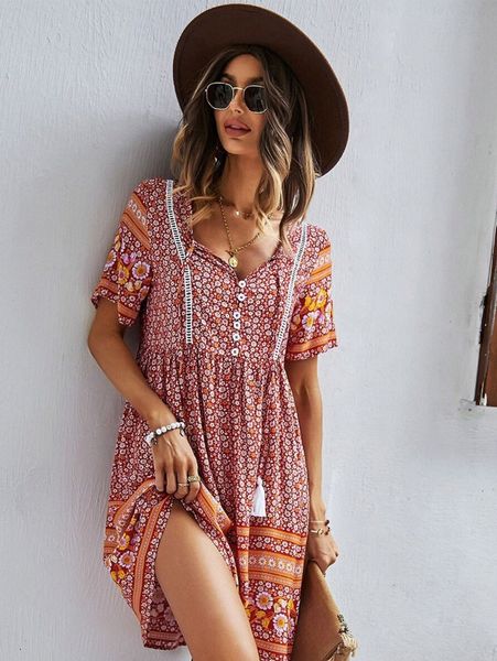 tie neck floral print smock dress l4ts#, Black;gray