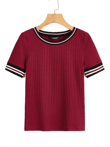 striped trim rib-knit t-shirt v6f9#, White 
striped trim rib-knit t-shirt v6f9#, White