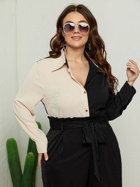 plus colorblock button up blouse o8np#, Black 
plus colorblock button up blouse o8np#, Black