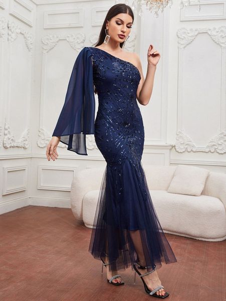 one shoulder cloak sleeve mesh mermaid hem beaded sequin formal dress y4qt#, Black;gray
one shoulder cloak sleeve mesh mermaid hem beaded sequin formal dress y4qt#, Black;gray