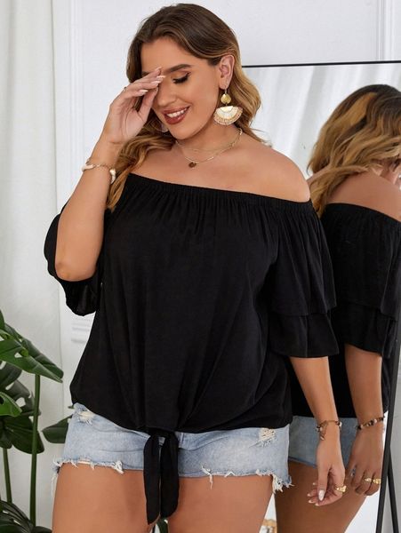 plus off shoulder layered sleeve tie hem blouse o7nm#, Black
plus off shoulder layered sleeve tie hem blouse o7nm#, Black
