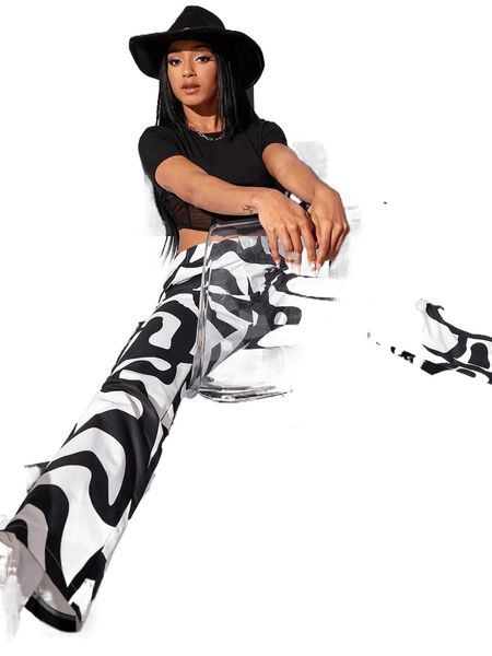 two tone straight leg pants h2y9#, Black;white