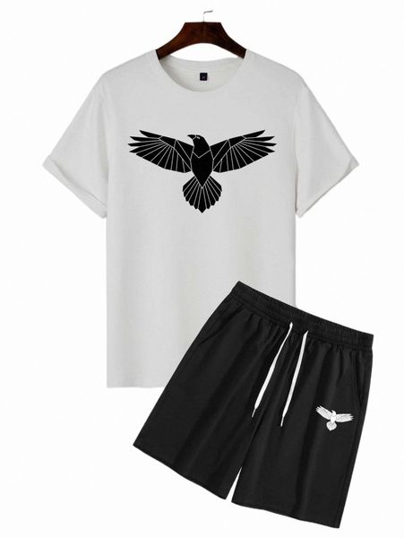men eagle print tee & shorts s7lu#, Gray