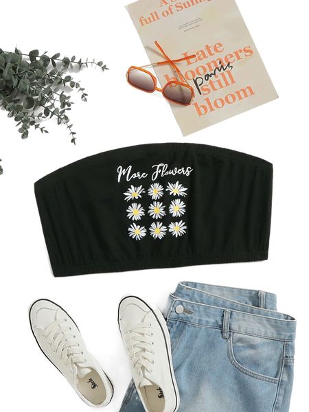 plus 1pc daisy and letter graphic crop tube n7by#, Black 
plus 1pc daisy and letter graphic crop tube n7by#, Black