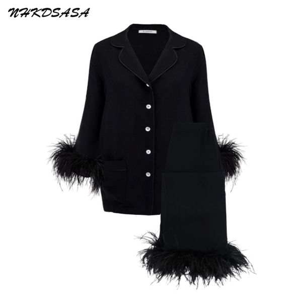 nhkdsasa sleepwear for women cute silk cotton light luxury ostrich wool pajamas two-piece set solid color home suit 220421, Black;red
nhkdsasa sleepwear for women cute silk cotton light luxury ostrich wool pajamas two-piece set solid color home suit 220421, Black;red