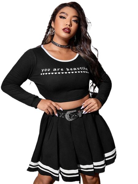 plus slogan graphic contrast binding crop tee & striped pleated skirt without belt p6jl#, Black
plus slogan graphic contrast binding crop tee & striped pleated skirt without belt p6jl#, Black