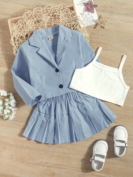 little girl's suit collar jacket, pleated skirt and suspender she, White
little girl's suit collar jacket, pleated skirt and suspender she, White