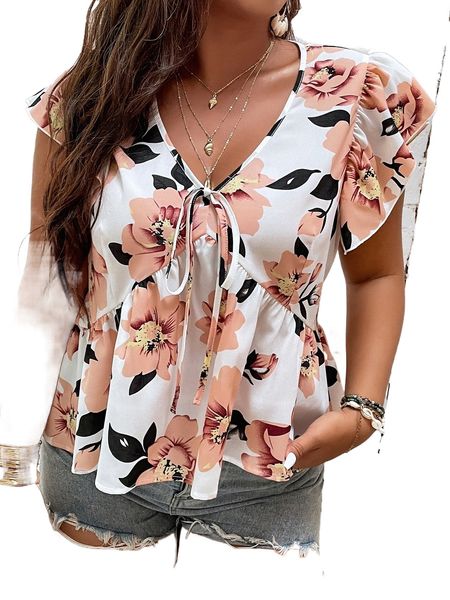 plus floral print butterfly sleeve knot front peplum blouse 45f1#, Black
plus floral print butterfly sleeve knot front peplum blouse 45f1#, Black