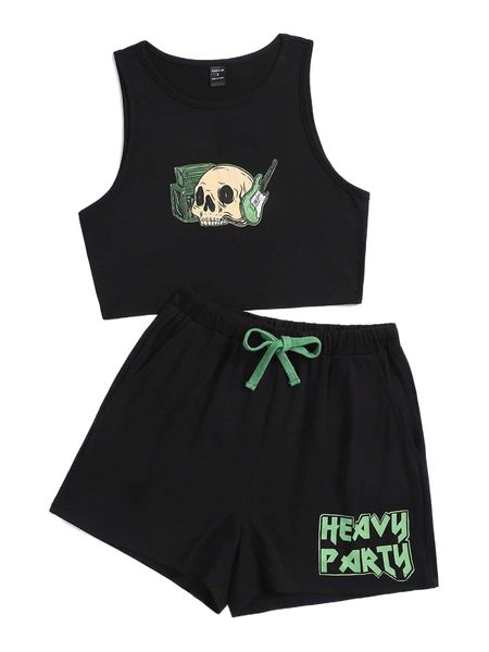 x ghofur skull print tank & letter graphic drawstring waist shorts e5ib#, White
x ghofur skull print tank & letter graphic drawstring waist shorts e5ib#, White