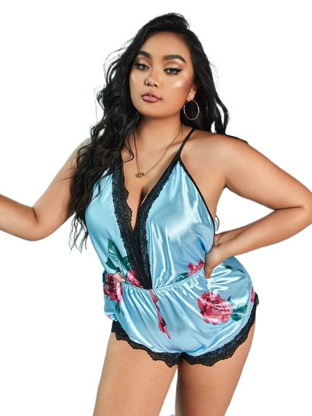 plus floral print contrast lace criss cross backless sleep romper k9ji#, Black;white
plus floral print contrast lace criss cross backless sleep romper k9ji#, Black;white