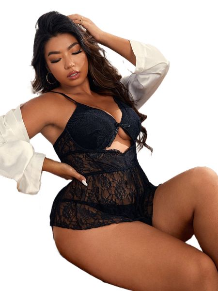 plus floral lace cut out bow front romper bodysuit without liner r6pu#, Black;white
plus floral lace cut out bow front romper bodysuit without liner r6pu#, Black;white