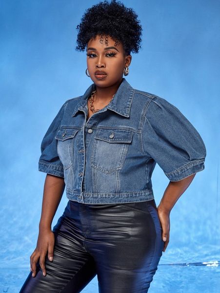 plus puff sleeve denim jacket e7fc#, Black;brown 
plus puff sleeve denim jacket e7fc#, Black;brown