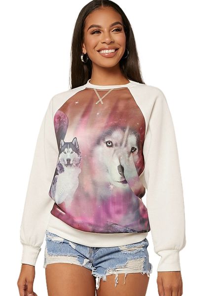 cosmic wolf print crew neck pullover v1op#, Black 
cosmic wolf print crew neck pullover v1op#, Black