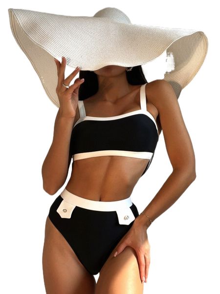 color block high waisted bikini swimsuit j54h#, White;black
color block high waisted bikini swimsuit j54h#, White;black