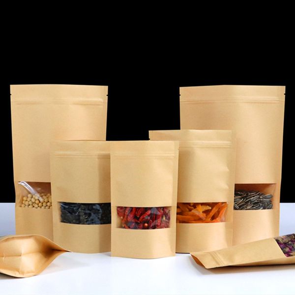 

100pcs Stand up Kraft Paper Clear Window Zip Lock Packaging Bag Resealable Snack Candy Salts Biscuits Coffee Beans Powder Heat Sealing Gift Storage Pouches