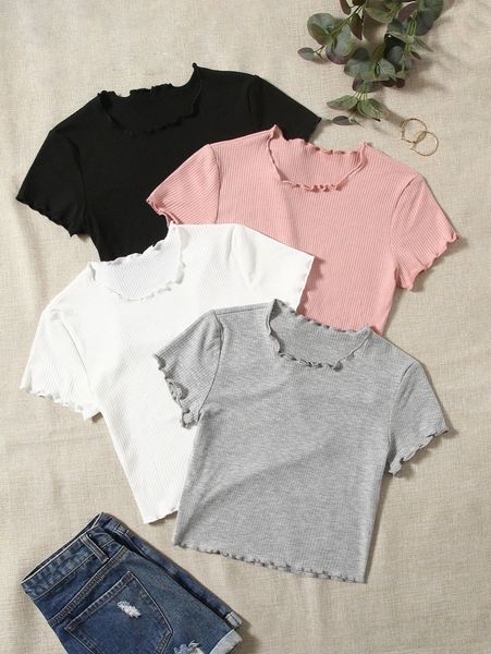 4pcs lettuce trim ribbed knit tee y0x3#, White