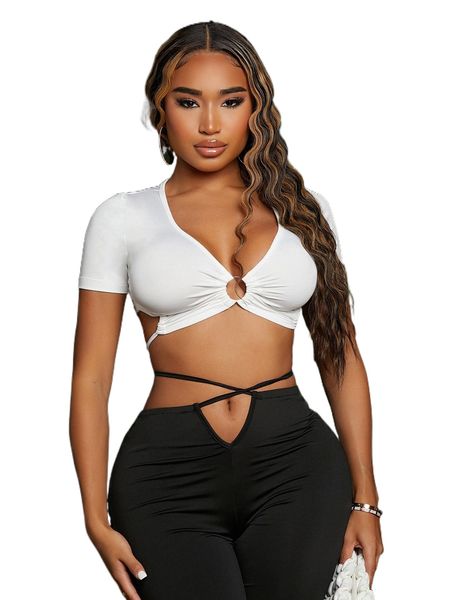 sxy ring linked tie back crop tee i7cj#, White