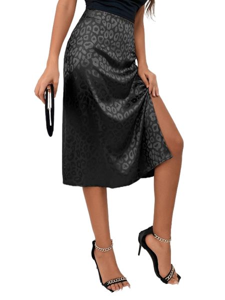 leopard jacquard satin split thigh skirt s8xq#, Black