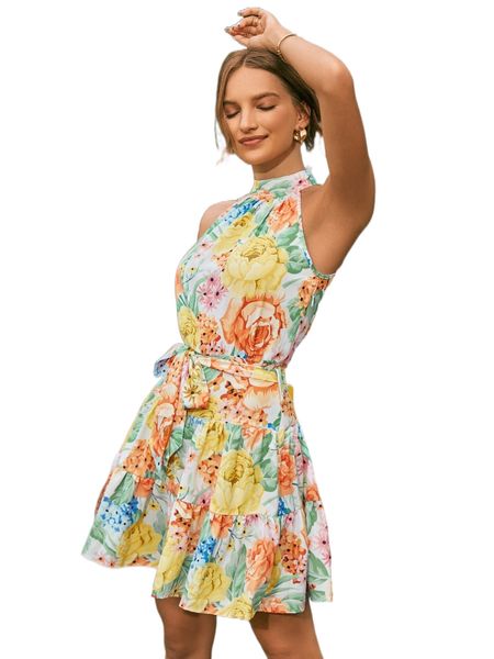 floral print halter neck ruffle hem belted chiffon dress t062#, Black;gray
