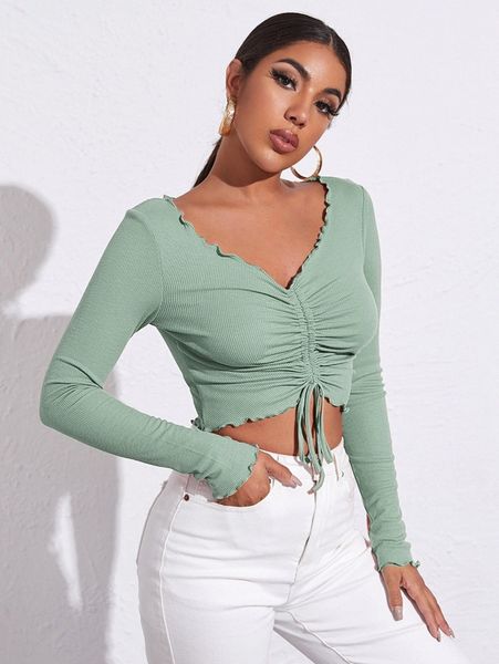lettuce trim drawstring ruched front solid tee l9fr#, White