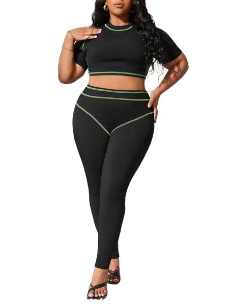 sxy plus stitching crop tee & leggings y37b#, Black 
sxy plus stitching crop tee & leggings y37b#, Black