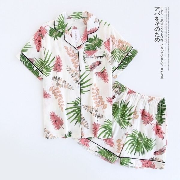 green palm leaf print revere collar pajama set summer casual women elastic waist sleepwear with botton 2 pieces sets y200425, Black;red
green palm leaf print revere collar pajama set summer casual women elastic waist sleepwear with botton 2 pieces sets y200425, Black;red