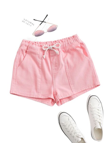 slant pocket drawstring waist denim shorts 33po#, White;black