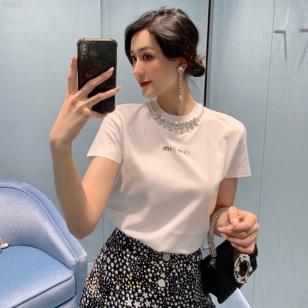 women's t-shirt designer miu 21 summer new pearl nail pearl diamond collar decoration slim simple generous cotton short sleeve t-shirt, White
women's t-shirt designer miu 21 summer new pearl nail pearl diamond collar decoration slim simple generous cotton short sleeve t-shirt, White