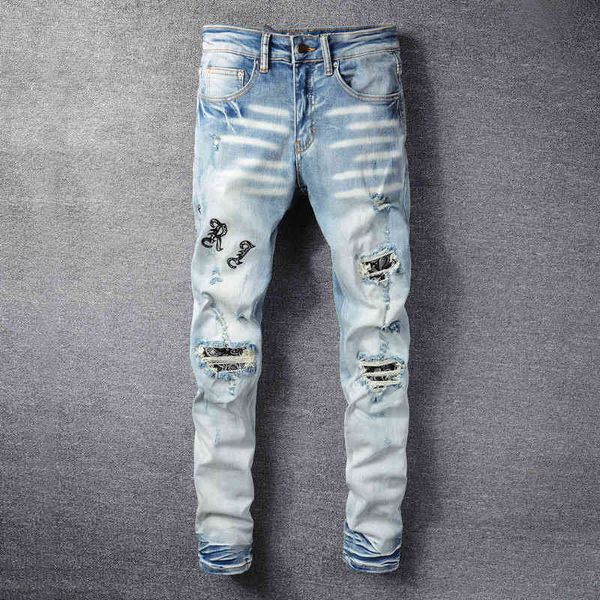 men's jeans high street trend washed letters embroidery holes slim fit feet elastic casual youth fashion brand jeans 21dr, Blue
men's jeans high street trend washed letters embroidery holes slim fit feet elastic casual youth fashion brand jeans 21dr, Blue