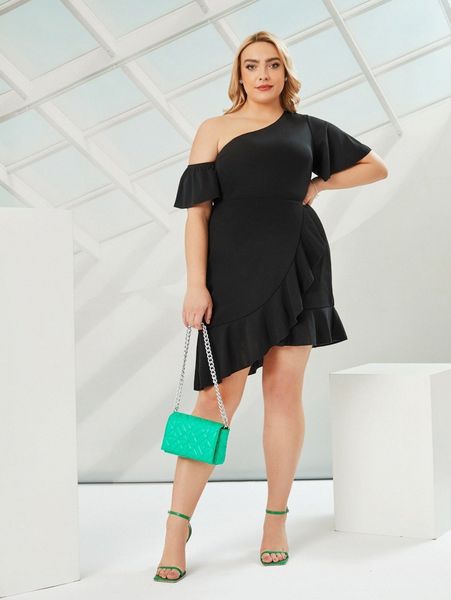 plus asymmetrical neck ruffle trim wrap dress o2nr#, Black 
plus asymmetrical neck ruffle trim wrap dress o2nr#, Black