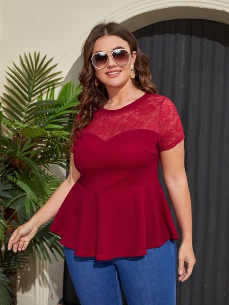 plus contrast lace ruffle hem tee p9v5#, Black