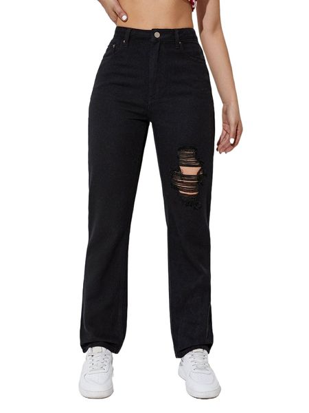 ripped high waist straight leg pants c0uw#, Black;white 
ripped high waist straight leg pants c0uw#, Black;white