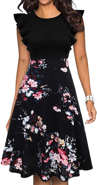 women's vintage ruffle floral flared a line swing casual cocktail party dresses with pockets b30l#, White;black
women's vintage ruffle floral flared a line swing casual cocktail party dresses with pockets b30l#, White;black