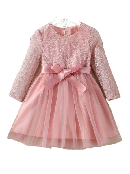 toddler girls contrast lace belted dress r7db#, Black;white