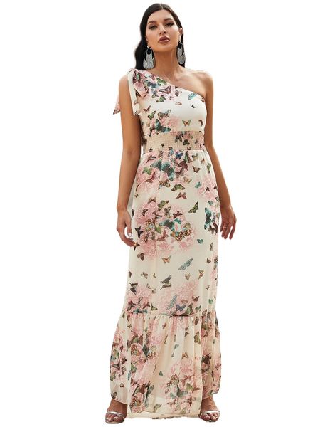 butterfly print knot one shoulder shirred waist ruffle hem chiffon dress b861#, Black;gray
butterfly print knot one shoulder shirred waist ruffle hem chiffon dress b861#, Black;gray