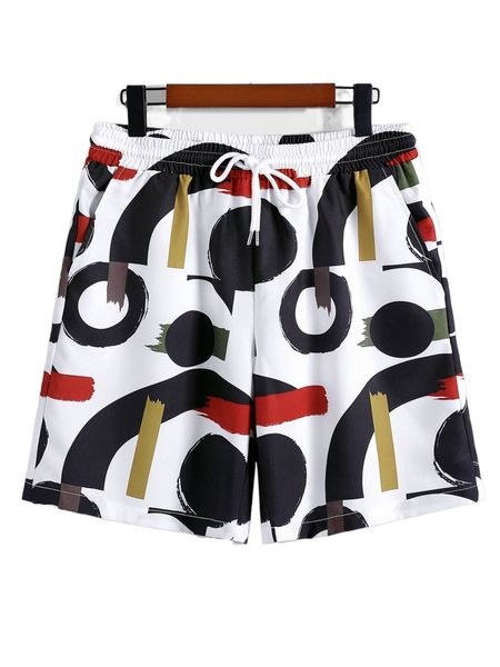 men random geo print drawstring waist shorts a0eo#, White;black
