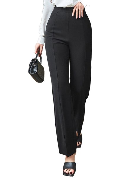 high waist split hem pants 42m9#, Black;white