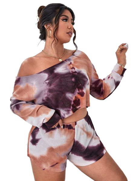 plus tie dye waffle knit drop shoulder pj set e1p8#, Black;white
plus tie dye waffle knit drop shoulder pj set e1p8#, Black;white