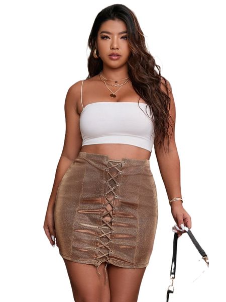 plus lace up front glitter skirt v8ai#, Black
plus lace up front glitter skirt v8ai#, Black