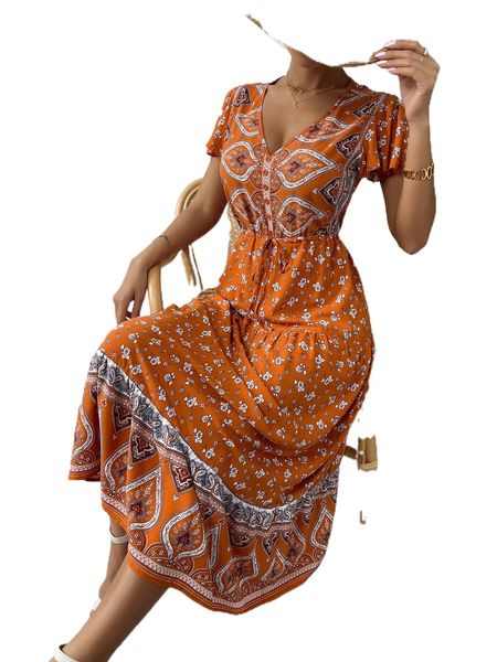 floral print butterfly sleeve drawstring waist ruffle hem dress 35pt#, Black;gray 
floral print butterfly sleeve drawstring waist ruffle hem dress 35pt#, Black;gray
