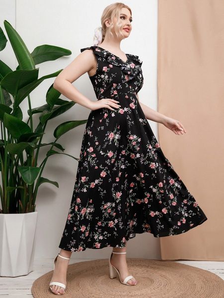 plus floral print ruffle trim dress v61l#, Black
plus floral print ruffle trim dress v61l#, Black