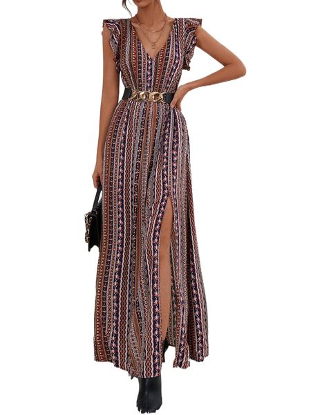 geo & floral print ruffle trim split thigh dress without belt 6614#, Black;gray
geo & floral print ruffle trim split thigh dress without belt 6614#, Black;gray