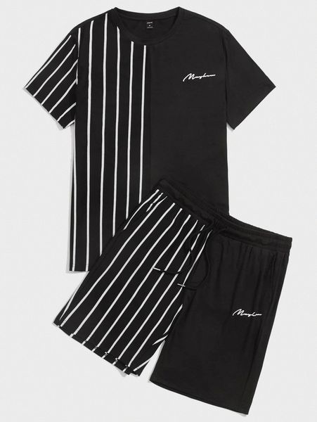 men striped & letter graphic tee & drawstring waist shorts n8ty#, Gray
men striped & letter graphic tee & drawstring waist shorts n8ty#, Gray