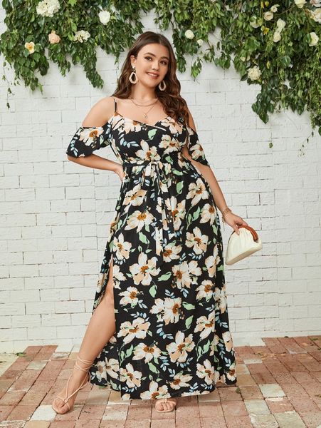 plus allover floral print cold shoulder split thigh belted dress 54n7#, Black