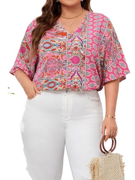 plus all over print button front blouse i13i#, Black 
plus all over print button front blouse i13i#, Black