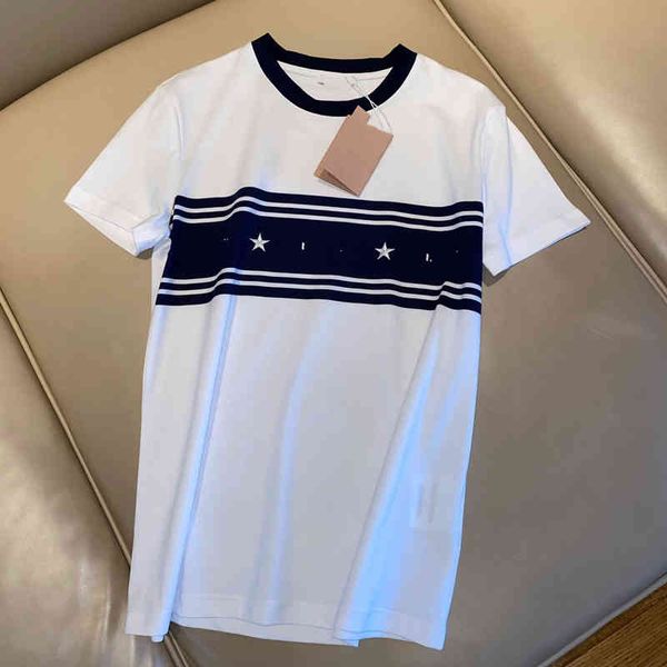 summer new navy blue star 3d embroidery crew neck short sleeve stripe contrast versatile t-shirt, White
summer new navy blue star 3d embroidery crew neck short sleeve stripe contrast versatile t-shirt, White