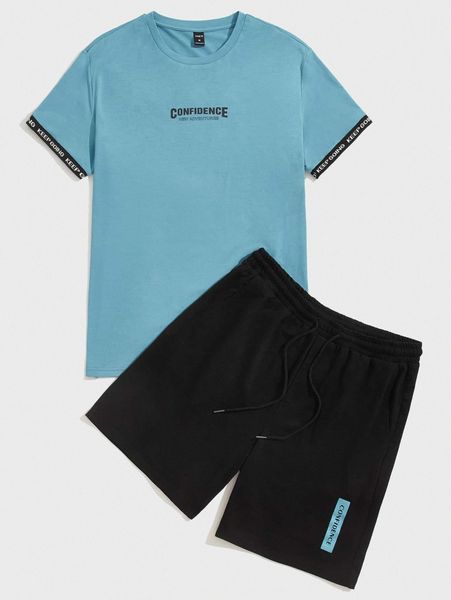 men slogan tape cuff & shorts g3sc#, Gray 
men slogan tape cuff & shorts g3sc#, Gray