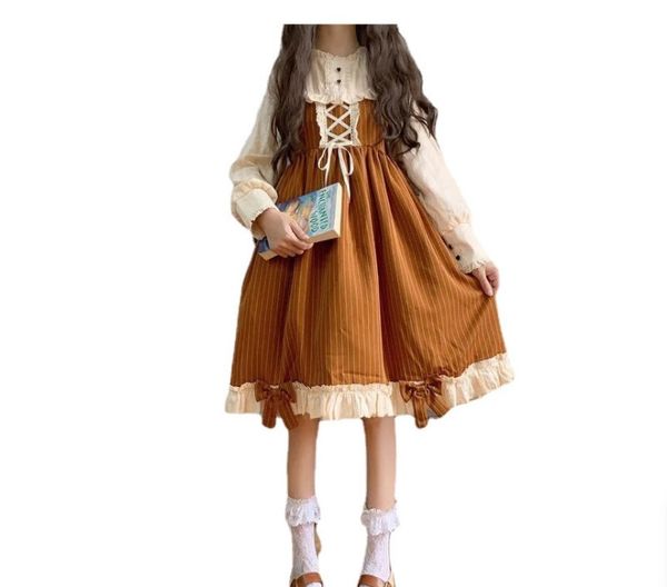 japanese autumn new kawaii lolita splicing cosplay loli dress sweet soft girl bow full sleeve cute ruffles brown stripe dresses, Black;gray
japanese autumn new kawaii lolita splicing cosplay loli dress sweet soft girl bow full sleeve cute ruffles brown stripe dresses, Black;gray